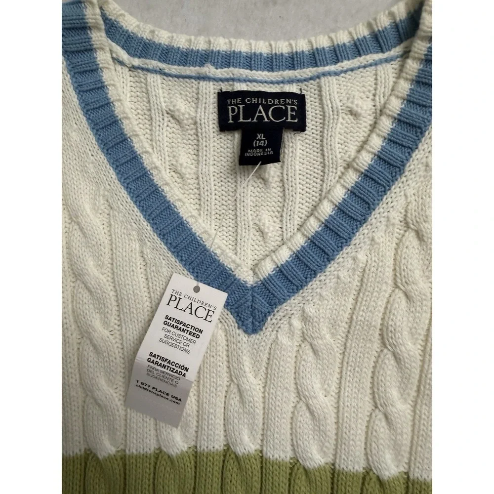 NEW The Children's Place Boys Blue Cable Knit Sweater Vest Size XL V Neck Cotton